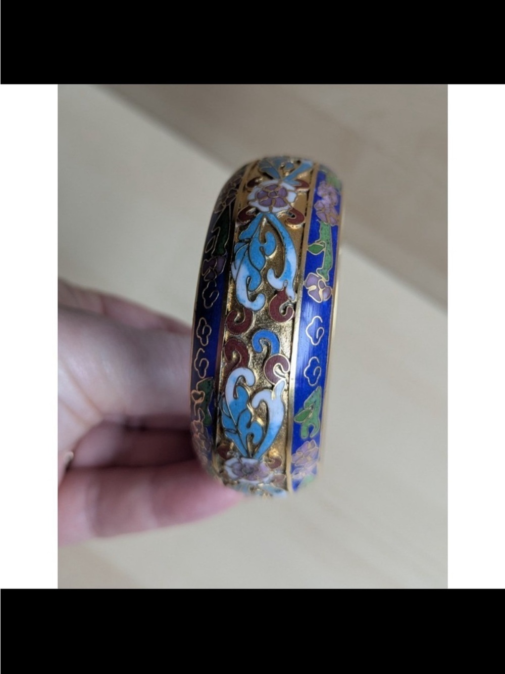Incredible Detailed Antique Blue and Gold Floral Cloisonné Bracelet - Picture 4 of 13